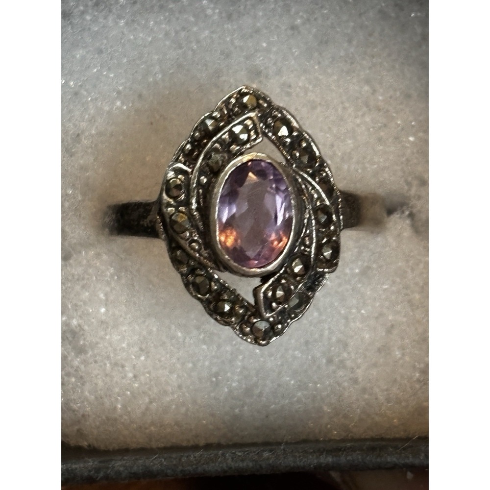 Vintage Sterling Amethyst Marcasite Ring Deco Style Sz 8.75